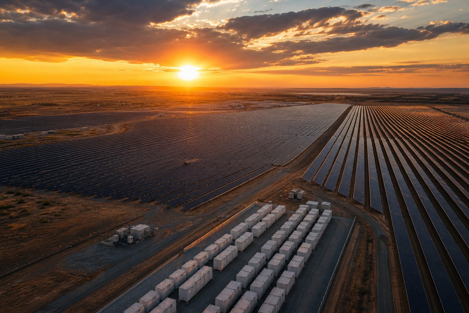 Utility-scale solar campus at sunset
